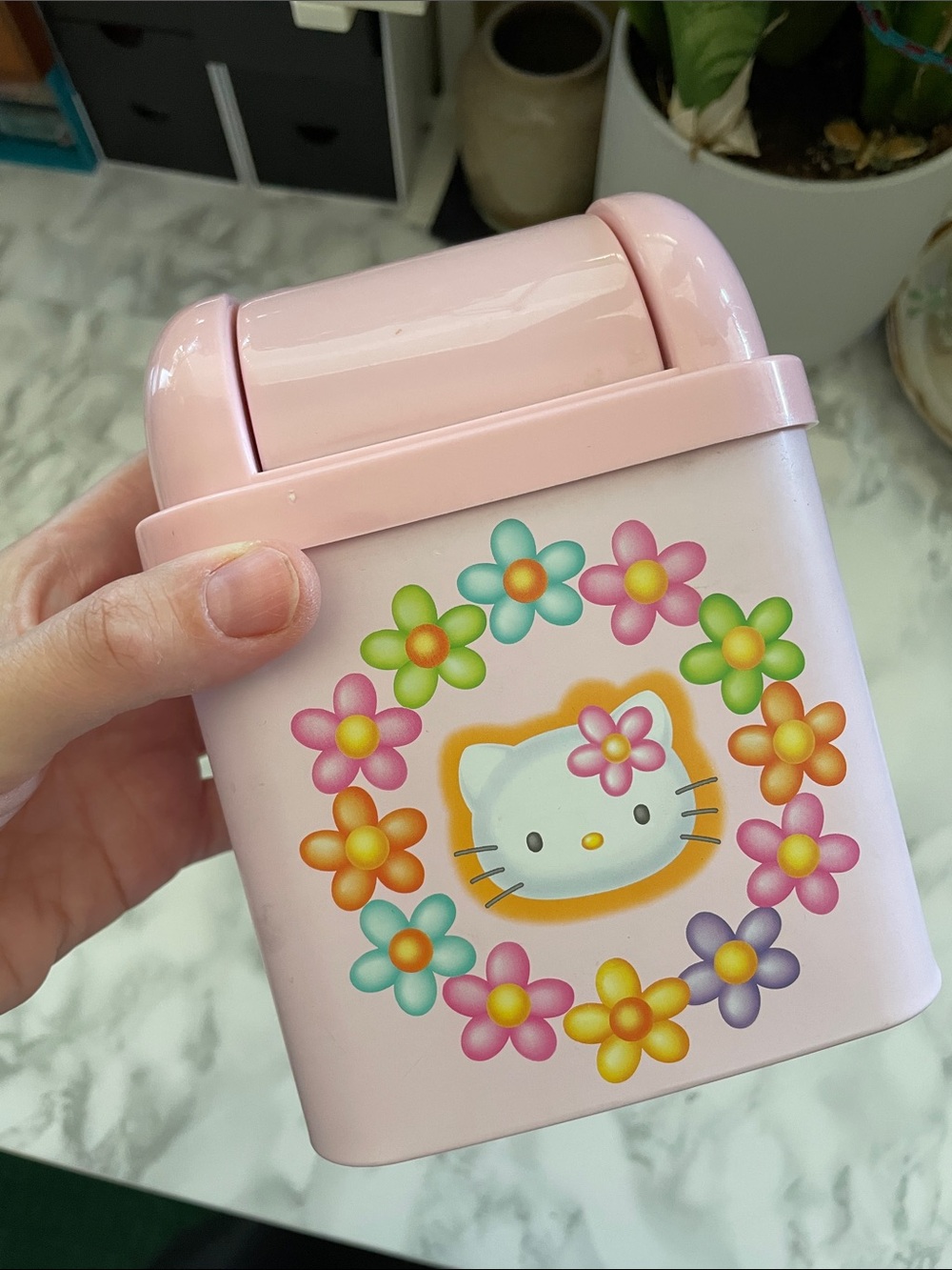 Sanrio 1997 Hello Kitty Mini Dust Box Pink Trash Can Floral - USED